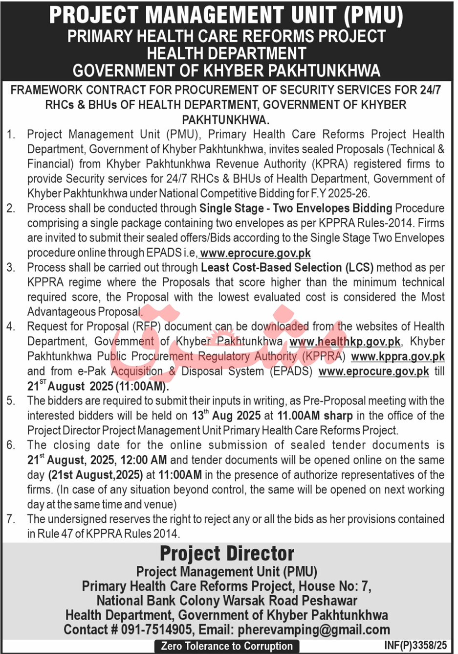 Health Department Peshawar Tender Notice
